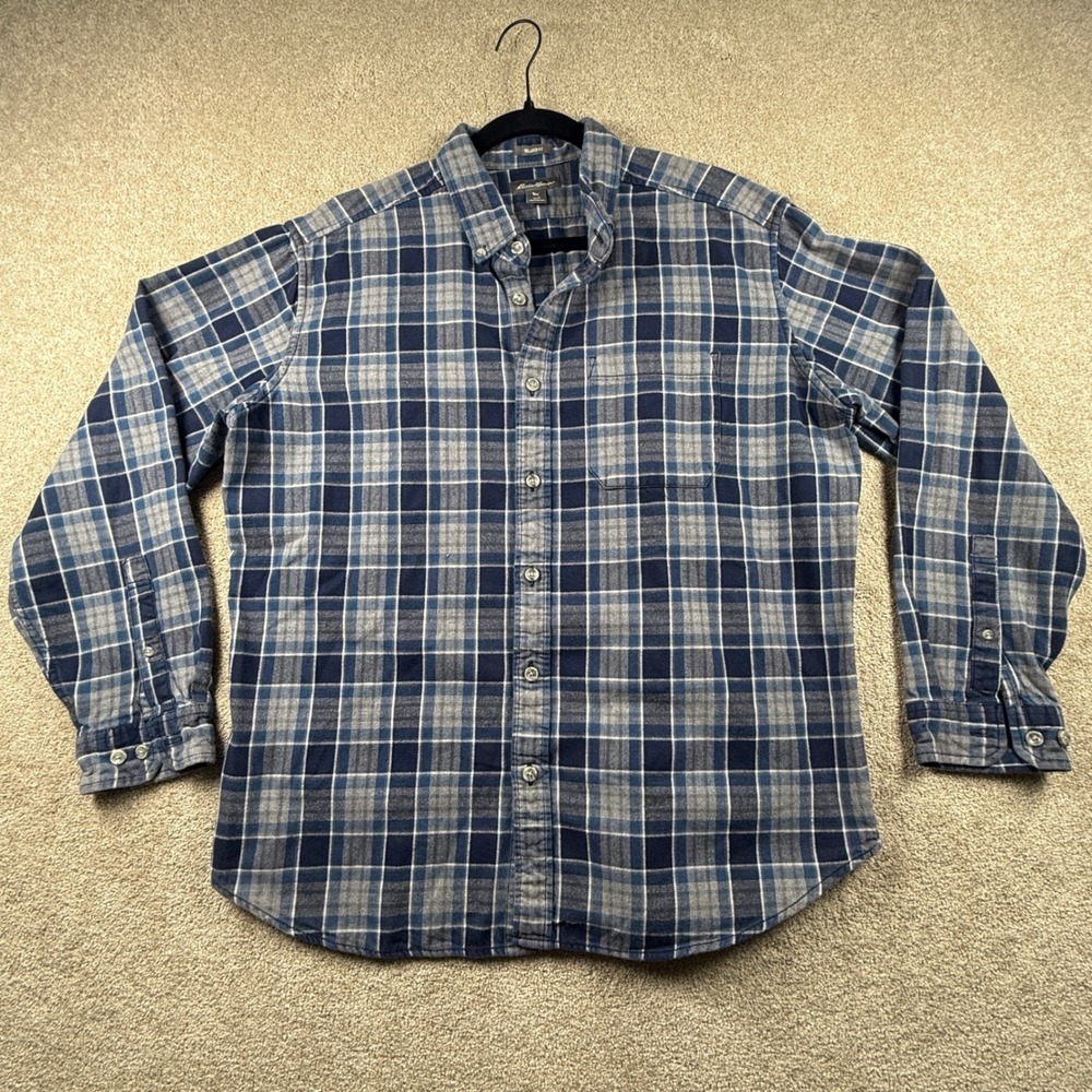 Eddie Bauer Mens Large Relaxed Fit Flannel Shirt Navy Blue Grey Plaid Cotton